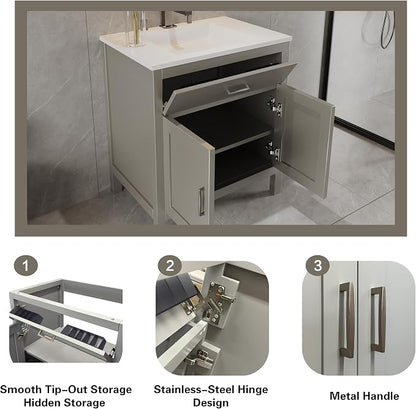 24" Light Grey Bathroom Vanity Base Only – Freestanding Solid Wood Sink Cabinet with Tip-Out Drawer, Shaker Style Storage, No Top or Sink, 36" W x 21" D x 34.5" H