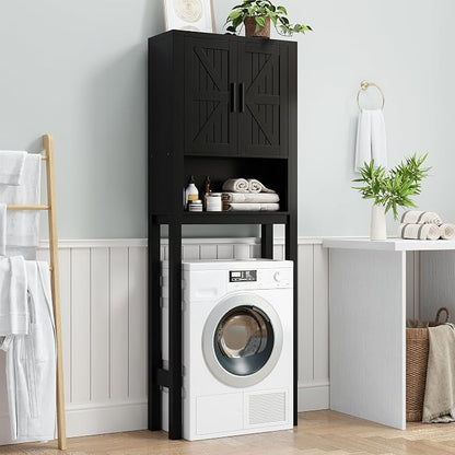 GarveeHome Over the Toilet Cabinet, Double Door Bathroom Storage Organizer, Toilet Rack with Open Storage Shelf, FreeStanding Toilet Shelf Space Saver, for Bathroom, Restroom, Laundry