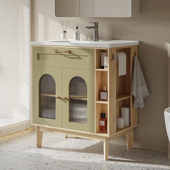 LIKIMIO 30 inch Bathroom Vanity with Sink, Bathroom Vanities Cabinet with Ceramic Sink, Arched Glass Door Storage with Adjustable Shelf, Solid Wood Legs, Towel Bar & Toilet Paper Holder