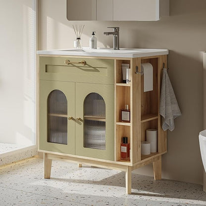 LIKIMIO 30 inch Bathroom Vanity with Sink, Bathroom Vanities Cabinet with Ceramic Sink, Arched Glass Door Storage with Adjustable Shelf, Solid Wood Legs, Towel Bar & Toilet Paper Holder