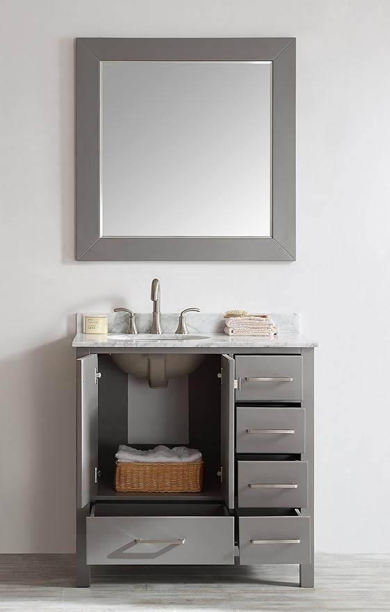 Eviva Aberdeen Grey BathVanity with Sink - 36 Inch Solid Wood Vanity Set -Bathroom Sink Cabinet - Contemporary Small Bath Vanity with Premium Countertop - Freestanding Bathroom Vanity
