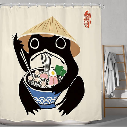 LGhtyro Funny Frog Shower Curtain Bathroom Set 71Wx71H Inches Retro Cute Animal Asian Traditional Japanese Noodles Strawhat Vintage Bath Accessories Kids Children Art Home Decor Fabric 12 Pack Hooks