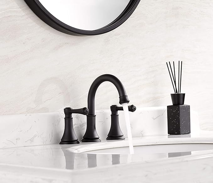 Matte Black 8 inch Widespread Bathroom Sink Faucet 3 Holes with Pop-Up Drain, 2 Handle Modern Bathroom/Vanity/Lavatory Faucet with Brass 360° Swivel Spout, TAF830Y-MB