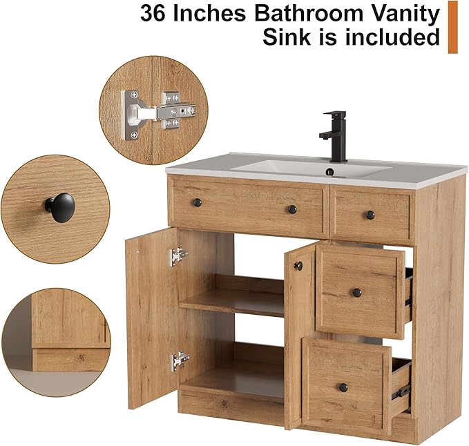 LUCKWIND 36" Bathroom Vanity Sink Combo, Modern Bathroom Cabinet with Undermount Solid Surface Vanity Sink, Soft-Close Hinges & Water-Saving Faucet, Natural