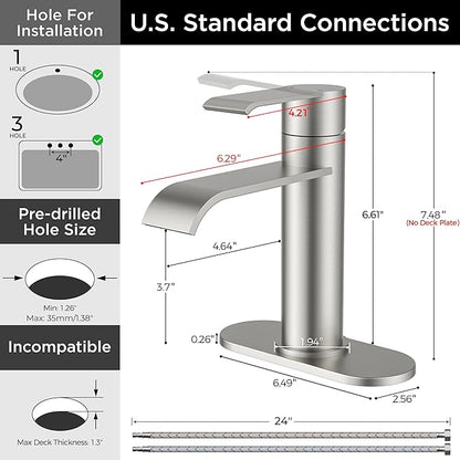 FORIOUS Brushed Nickel Bathroom Faucet 1 Hole, Brushed Nickel Waterfall Bathroom Faucet Single Hole for RV, Single Lever Lavatory Sink Tap with 3 Hole Adapter Deck Plate, Pop Up Drain and 24" Hose