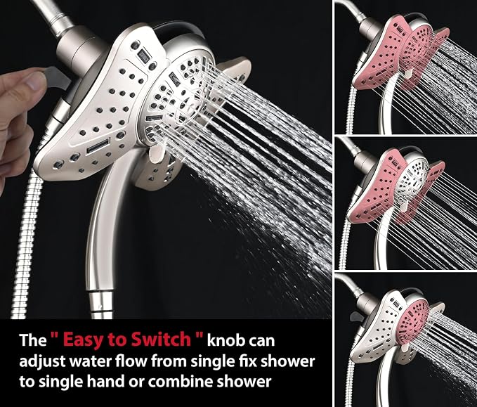 GRICH Shower Head with Handheld Spray - Dual High Pressure Showerhead | Rainfall Shower Heads Combo, Detachable Hand Shower, 9 Spray Settings, 60" Stainless Steel Shower Hose, 1.8GPM, Nickel