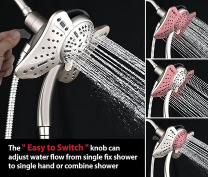 GRICH Shower Head with Handheld Spray - Dual High Pressure Showerhead | Rainfall Shower Heads Combo, Detachable Hand Shower, 9 Spray Settings, 60" Stainless Steel Shower Hose, 1.8GPM, Nickel
