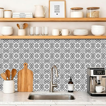 Gray White Floral Geometric Peel and Stick Floor Tiles 12x12 Inch 10PCS | Gray and white floral geometric pattern vinyl floor stickers for kitchen bathroom entryway and indoor home decor