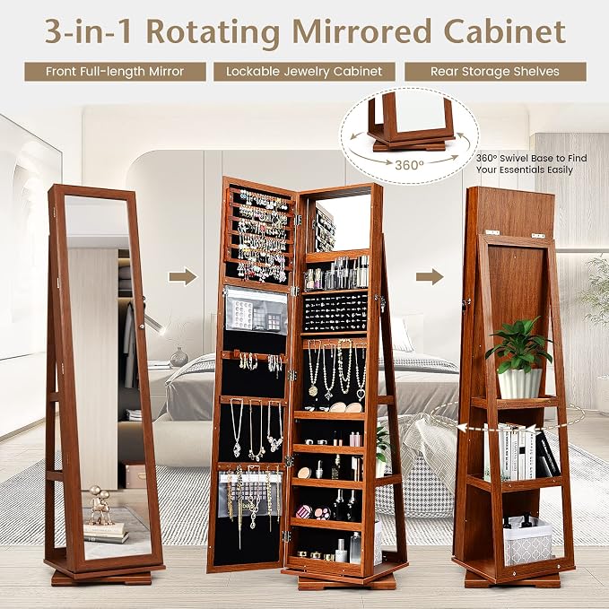COSTWAY 360 Rotating Jewelry Armoire Cabinet, Standing Jewelry Organizer w/Full-Length Mirror & Large Storage Space, Lockable Mirror Jewelry Cabinet for Girls Women (Walnut)
