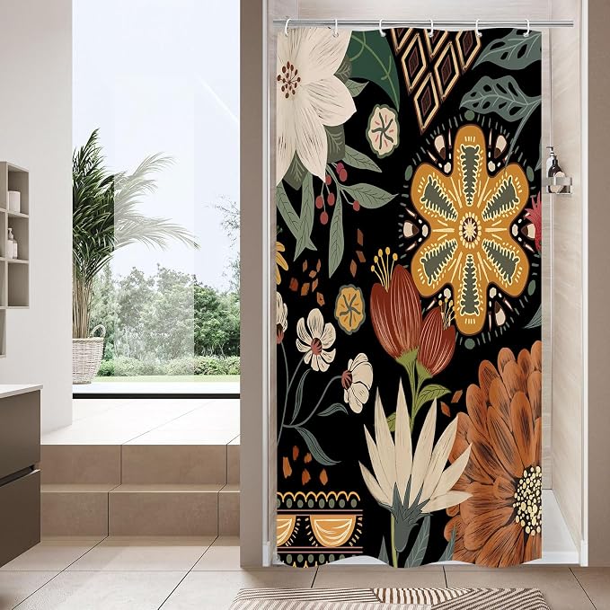 Boho Floral Shower Curtain, Vintage Botanical Fabric Curtain, 36 x 72 | Boho Chic Floral, Vintage Botanical, Modern Farmhouse, Eclectic Rustic, Colorful Flowers, Fabric Shower Curtain