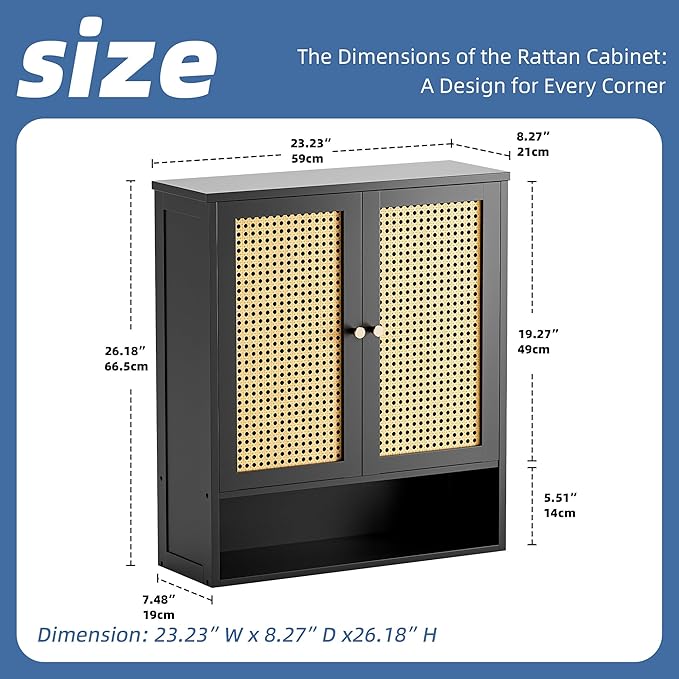 HITNET Wall Mounted Bathroom Cabinet, Rattan Hanging Cabinet, Space-Saving Bathroom Wall Cabinet with 2 Doors and Adjustable Shelves, Black