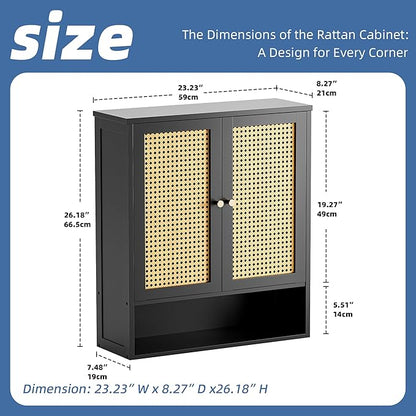 HITNET Wall Mounted Bathroom Cabinet, Rattan Hanging Cabinet, Space-Saving Bathroom Wall Cabinet with 2 Doors and Adjustable Shelves, Black