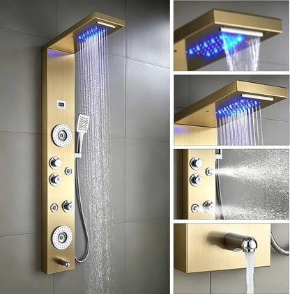 ELLO&ALLO Stainless Steel Shower Panel Tower System,LED Rainfall Waterfall Shower Head 6-Function Faucet Rain Massage System with Body Jets, Brushed Gold
