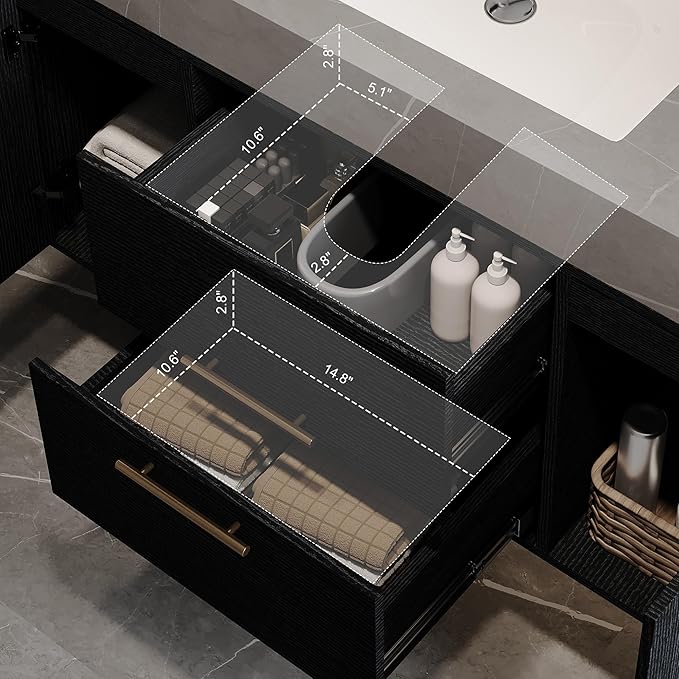 40 inch Modern Floating Bathroom Vanity with Sink, Wall Mounted Bathroom Cabinet with Ceramic Sink, Grey Sintered Stone Countertop, 2 Soft Closing Drawers & 2 Storage Cabinet, Gold Handle, Black