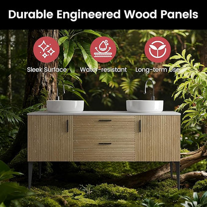 60" Bathroom Vanity with Double Sink, Modern Double Ceramic Vessel Sink Bathroom Vanity with Soft-Closing Drawers & Doors, Engineered Stone Countertop, Natural Oak