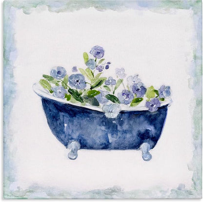 Stupell Industries Charming Blue Bathtub Botanical Floral Watercolor Border,Design by Sally Swatland, 24 x 24, Gallery Wrapped Canvas | Stupell Industries | 24 x 24 Inches, Easy to Hang and Sturdy, Made in USA, by Sally Swatland