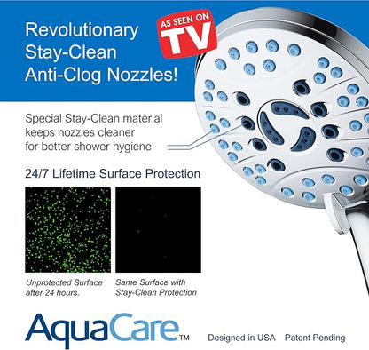 AquaCare 8-mode High Pressure Handheld Shower Head with 2-mode Power Wash | Stay Clean Nozzles, Dual Power Wash for Tub, Tile & Pets, Long 6 ft. Stainless Steel Hose, Wall & Overhead Brackets / Chrome