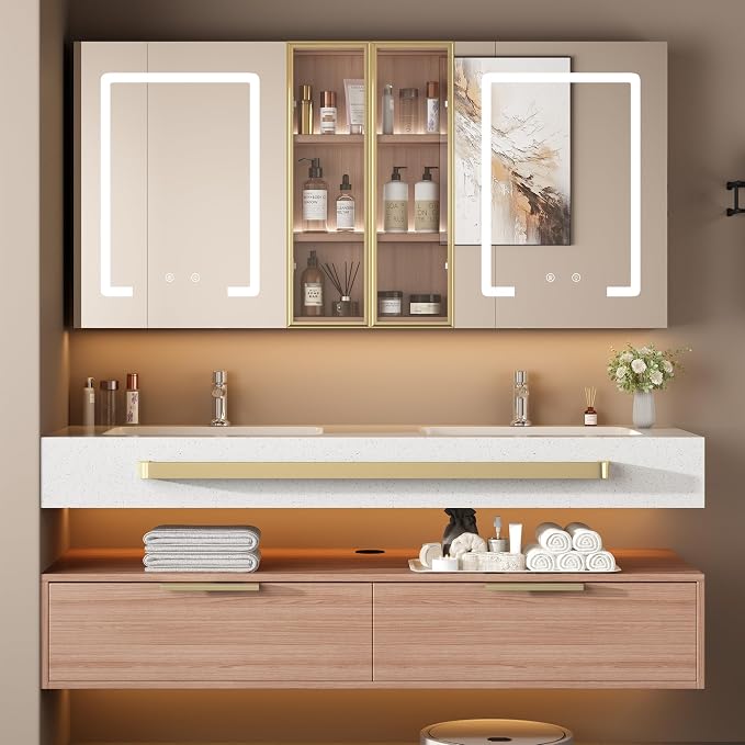 Bathroom Vanity with Sink, 88 inch Double Sink Bathroom Medicine Cabinet with Mirror Defogger, Wall Mounted Touch Dimming Floating Vanity Bathroom Storage