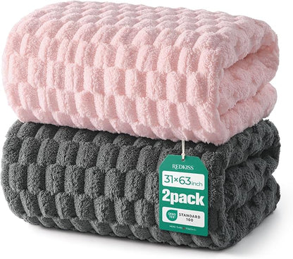 REDKISS Charcoal Gray Pink Microfiber Bath Towels Large, 30"x60", 2 Pack | Super Absorbent, Quick Dry, Super Soft, Lint Free, Fluffy Towel for Bathroom, Spa, Dorm, Ideal Everyday Use