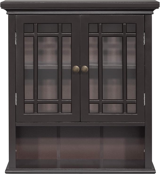 Teamson Home Neal Wooden Over The Toilet Bathroom Removable Wall Medicine Cabinet with 1 Fixed and 1 Adjustable Shelf 3 Storage Spaces 2 Glass Mosaic Doors and Crystal-Cut Acrylic Knobs, Espresso | Bathroom Kitchen Storage Space Saver, 2 Doors and 1 Op...