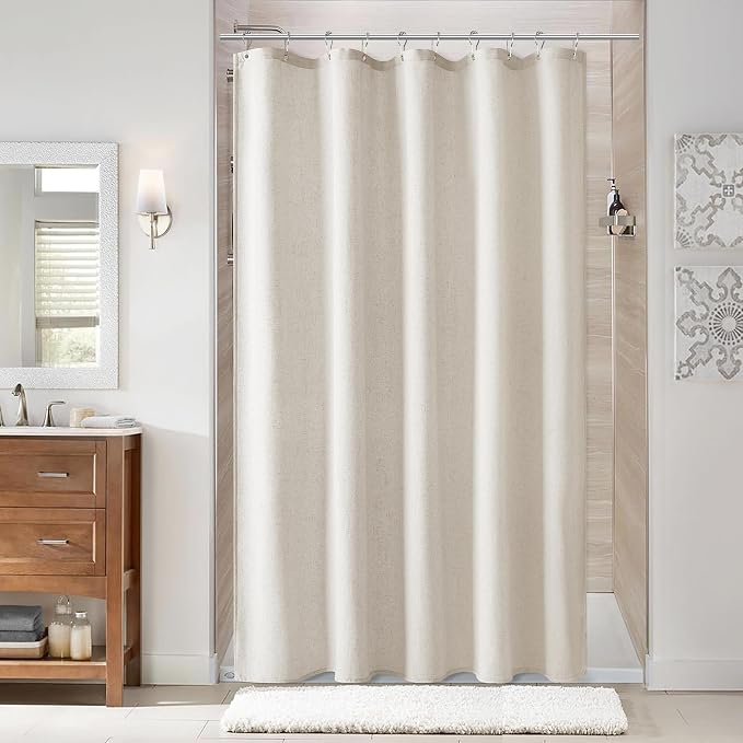 Oatmeal Linen Shower Curtain, Cloth Textured Fabric Shower Curtain Set with Hooks, Simple Elegant Modern Farmhouse Country Ultra Thick Bath Curtains for Bathroom,Water Repellent,60x72