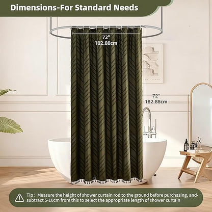 Boho Shower Curtain with Tassel Woven Fabric Olive Green Shower Curtain 72 x 72 Modern Farmhouse Textured Tufted Chevron Striped Minimalist Bathroom Shower Curtains