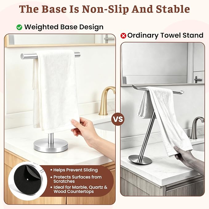 Hand Towel Holder Stand, Freestanding Bathroom Towel Rack, Silver, 2 Pack | Weighted Stainless Steel Base Helps Prevent Tipping While The Open T-Shape Keeps Towels Dry on Bathroom Countertops