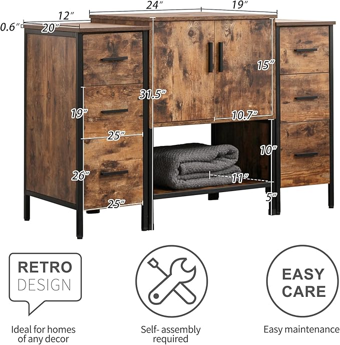 UEV 48" Antique Bathroom Vanity, Dark Brown Bathroom Vanity Set with Sink and 3 Drawers Side Cabinet Combo, Iron Wood Bathroom Cabinet with Adjustable Water Temperature Faucet (A09)