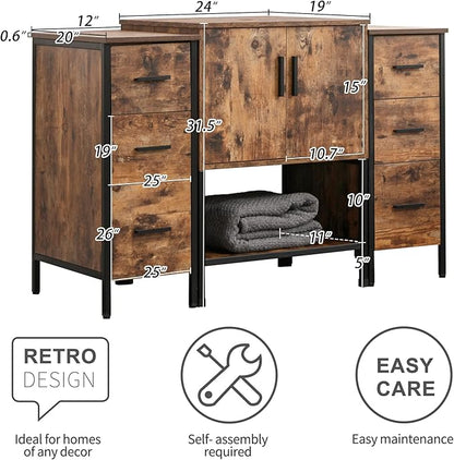 UEV 48" Rustic Brown Bathroom Vanity with Sink Combo,Industrial Iron Frame Bathroom Cabinet Sets with Double 3 Drawers Side Cabinet (only Sink Cabinet Sets)