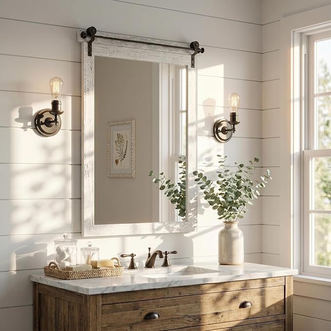24"x36" Whitewashed Barn Door Vanity Mirror with Wood Header | 100% solid wood, HD tempered glass, bronze-tone iron rail; coastal farmhouse mirror for over sink, guest bath, entryway