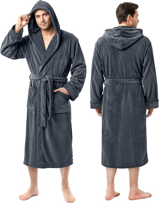 NY Threads Mens Robe with Hood, Luxury Plush Fleece Hooded Mens Bathrobe, Spa Bath Robe for Men