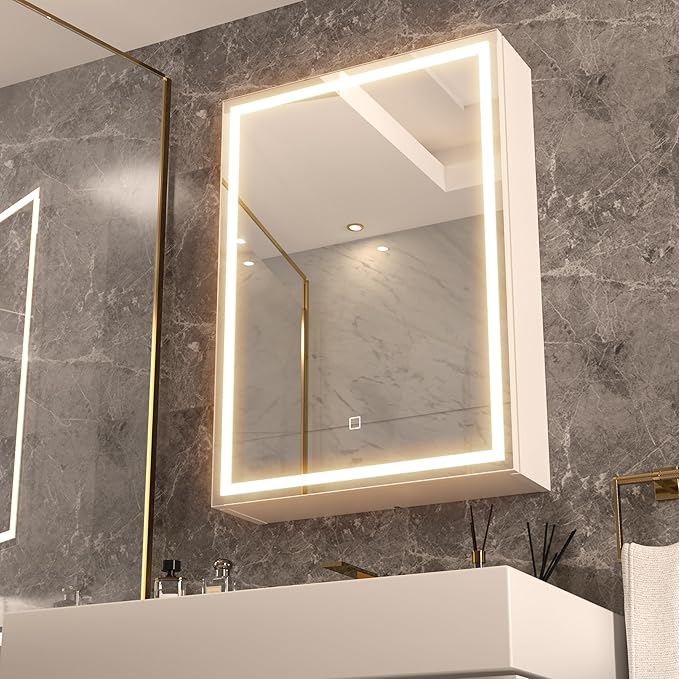 28x20 LED Lighted Bathroom Medicine Mirror Cabinet with Sockets & USBs, Anti-Fog Dimmable Light and Color Adjustment, Easy to Install, Moisture-Resistant Wood