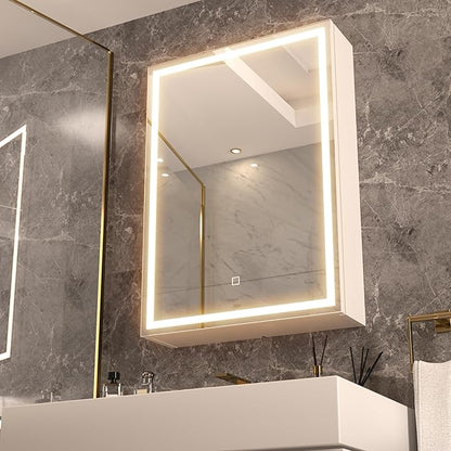 28x20 LED Lighted Bathroom Medicine Mirror Cabinet with Sockets & USBs, Anti-Fog Dimmable Light and Color Adjustment, Easy to Install, Moisture-Resistant Wood