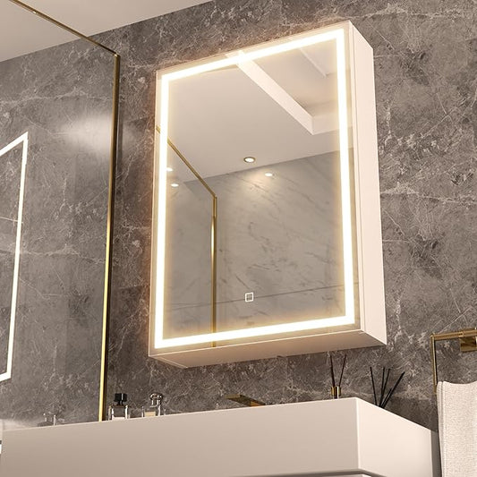 28x20 LED Lighted Bathroom Medicine Mirror Cabinet with Sockets & USBs, Anti-Fog Dimmable Light and Color Adjustment, Easy to Install, Moisture-Resistant Wood
