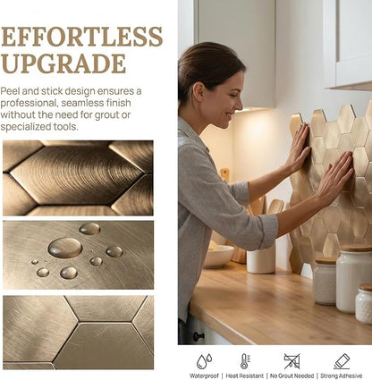 10pcs Peel & Stick Mosaic Wall Stickers - Waterproof/Anti-Skid/High Temp Resistant Decals, Multi-Purpose Removable Decoration for Kitchen Backsplash, Bathroom&Office (10, Copper)