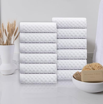 COTTON CRAFT Euro Spa Waffle Wash Cloth - Set of 12 Luxury Pure Ringspun Cotton Waffle Weave Bathroom Face Towel - Everyday Plush Absorbent Hotel Gym Shower Beach Kitchen Travel Dorm - 12x12 - White