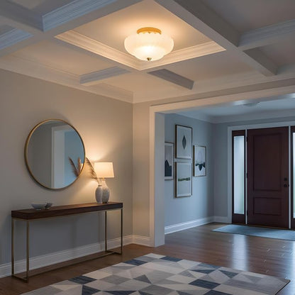 Glass Semi Flush Mount Ceiling Light Fixture,Gold,11.8 in,3-Lights | Milk White Frosted Glass,E26 Base,Support Dimmable,for Hallway,Bedroom,Bathroom,Entryway,Kitchen,Foyer,Closet,Laundry Room