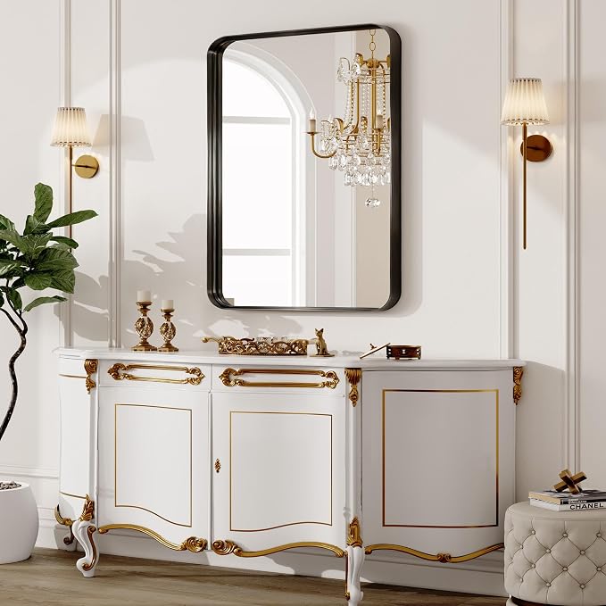 48X32 Inch Metal Black Framed Bathroom Mirror for Wall, Matte Framed Rounded Rectangular Modern Mirrors for Over Sink, Anti-Rust, HD Tempered Glass, Farmhouse, Hangs Horizontally or Vertically