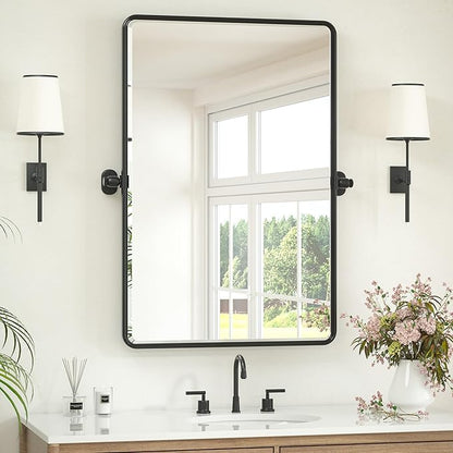 Keonjinn 24x36 Inch Black Povit Mirror for Bathroom, Tilt Mirror | Tenmpered Glass, Rectangle, Adjustable Bathroom Mirrors for Over Sink, Farmhouse, Metal Framed, Horizontal/Vertical
