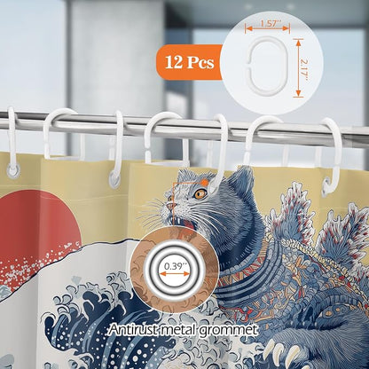 Aimego Funny Cat Shower Curtain Japanese Nautical Anime Ocean Sea Wave Cool Unique Asian Whimsical Humorous Bathroom Decor Bathtub Curtain Fabric Shower Curtain Set with 12 Hooks, 72"x72"