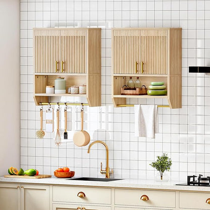HOOBRO Fluted Medicine Cabinet, Farmhouse Bathroom Wall Cabinet with Towel Rack and Adjustable Shelf, Fluted Wall-Mounted Storage Organizer, for Bathroom, Kitchen, Natural