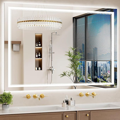 36"x50" LED Bathroom Mirror with Lights, Anti-Fog, Backlit + Front Lit, Dimmable, 3 Colors, Shatter-Proof Tempered Glass