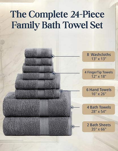 LANE LINEN 100% Cotton Bath Towels Set - 24 PCs - Durable, Quick Dry, Super Soft & Highly Absorbent - 4 Bath, 4 Fingertip, 6 Hand Towels, 8 Washcloths, 2 Bath Sheets - Perfect Family Set - Cool Grey | Towels And Washcloths Sets - Oversized & Roomy, Lig...