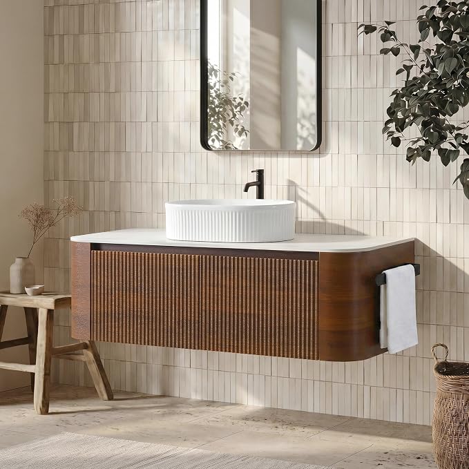 48" Floating Bathroom Vanity with White Sink, Rounded Edge, Walnut | Pre-Assembled Fluted Wall Mounted Vanity with Ceramic Vessel Sink, Rounded Edges, Soft-Close Drawer & Towel Rack