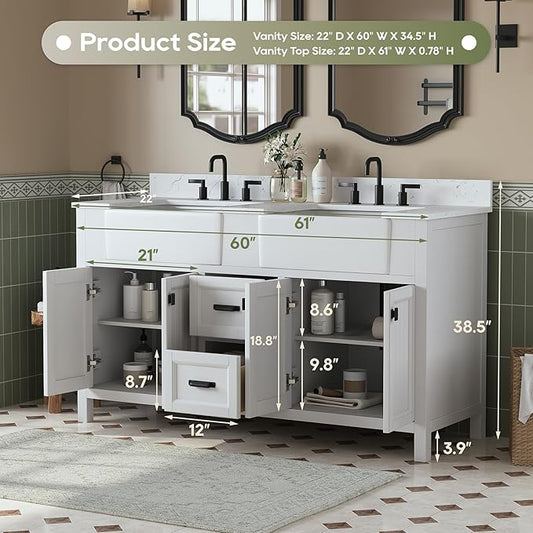 60 Inch Bathroom Vanity with Double Sink, Farmhouse Bathroom Sink Cabinet with Soft Closing Doors & Drawers, Solid Wooden Frame Double Sink Bathroom Vanity, Adjustable Feet, White