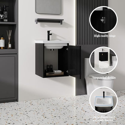16'' Bathroom Vanity with Ceramic Sink Combo, Wall Mounted Small Bathroom Vanity with Soft-Close Door Modern Floating Cabinet, Pop-up Drain, P-Trap Included, Black(No Faucet)