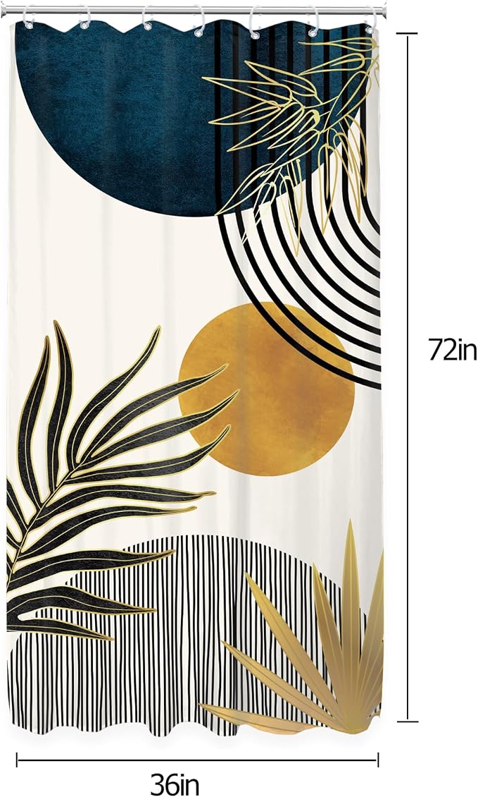 Stall Small Mid Century Blue Boho Abstract Bathroom Shower Curtain Set | 36Wx72L Plant design, waterproof HD print with fast-drying fabric and 12 hooks.