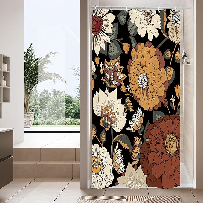 Boho Floral Shower Curtain, Retro Botanical Fabric Curtain, 36 x 72 | Boho floral, vintage botanical, dark floral, rustic farmhouse, colorful flowers, fabric shower curtain