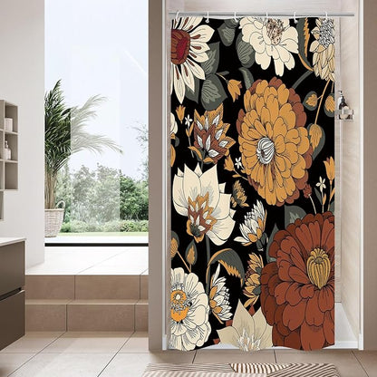 Boho Floral Shower Curtain, Retro Botanical Fabric Curtain, 36 x 72 | Boho floral, vintage botanical, dark floral, rustic farmhouse, colorful flowers, fabric shower curtain