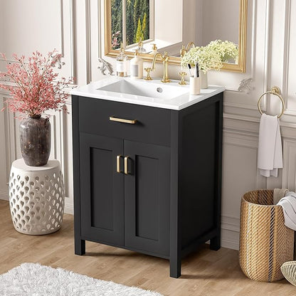 24" Bathroom Vanity with Sink, Modern Bathroom Vanity 24 Inch with Sink, 24 Bathroom Sink Vanity with Flip Drawer, Cabinet and Door Shelves, 24" Vanity with Sink for Bathroom (Black)